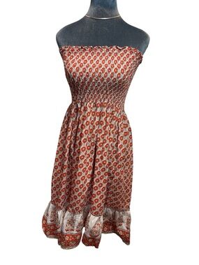 Source Unknown Red Floral Strapless Smocked Midi Dress